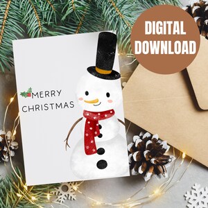 Cartão digital imprimível do boneco de neve do Feliz Natal, cartão de Natal digital bonito do boneco de neve, cartão dobrável 5x7, cartão de Natal das crianças imprimível