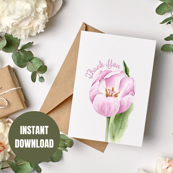 Printable Pink Tulip Digital Thank You Card, Digital printable thank you card, 5x7 Digital thank you Card, printable floral thank you card