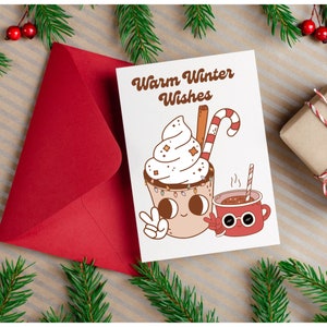 Warm Winter Wishes Tarjeta de Navidad digital Groovy, tarjeta digital plegable 5x7, tarjeta de Navidad retro digital para niños imprimible, Groovy Holiday