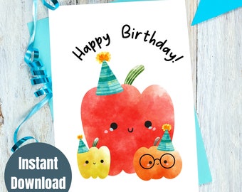 Printable Cute Peppers Digital birthday Card, Boho printable birthday card, 5x7 Digital Card, kids birthday card, vegan birthday card