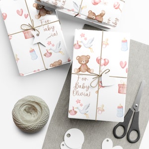 Papel de regalo personalizado para baby shower para niña, papel de regalo personalizado con nombre para niña, papel de regalo personalizado para bebé rosa, regalo para bebé