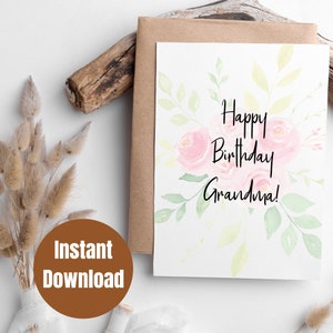 Carte numérique imprimable Boho Floral Happy Birthday Grand-mère, carte d’anniversaire numérique 5x7, carte d’anniversaire imprimable, carte imprimable pour grand-mère
