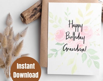 Printable Boho Floral Happy Birthday Grandma digital Card, 5x7 Digital Birthday Card, Printable Birthday Card, printable card for Grandma