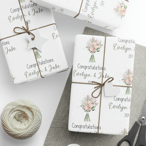 Papier d’emballage personnalisé pour la douche de mariage, emballage cadeau floral personnalisé pour la douche de mariage avec nom et date, emballage cadeau personnalisé pour la douche nuptiale