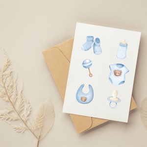Afdrukbare baby shower kaart, digitale baby shower kaart, babyaccessoires 5x7 digitale wenskaart, blauwe afdrukbare kaart voor babyjongen, gefeliciteerd