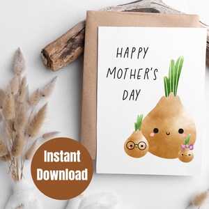 Printable Vegetable Green onion Happy Mother&#39;s Day Digital Card, Digital printable Mother&#39;s Day card, 5x7 Digital Greeting Card, vegan card