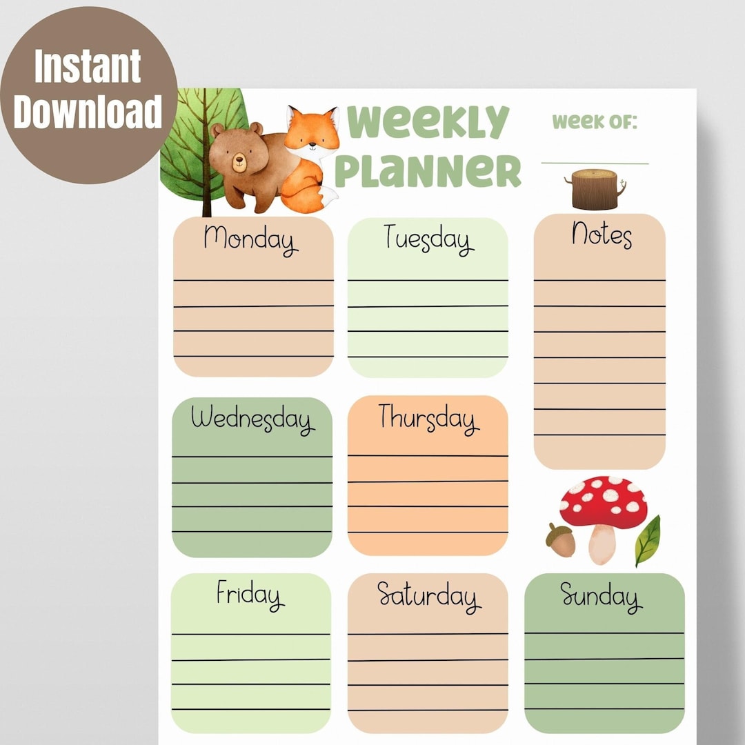 Woodland Animal Weekly Planner Printable, Instant Download, Digital