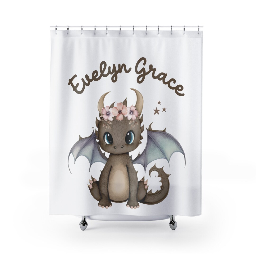 Personalized Floral Dragon Shower Curtain, Custom Dragon Shower Curtain, Girls Custom Shower