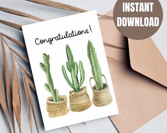 Printable boho cactus Digital Congratulations Card, Digital printable congratulations card, 5x7 Digital Card, printable cactus card