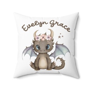 Personalized Cute Floral Dragon Throw Pillow, Custom Pink Floral Dragon Pillow, Custom pillow with name, Gift for girl, Gift for baby girl