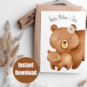 Imprimible Boho bebé y mamá oso tarjeta digital del día de la madre, tarjeta digital 5x7, tarjeta imprimible del día de la madre, tarjeta imprimible del oso del bosque