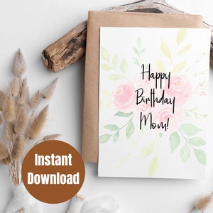 Cartão digital Boho Floral para impressão de feliz aniversário para mamãe, cartão de aniversário digital 5x7, cartão de aniversário para impressão, cartão de aniversário para impressão para mamãe