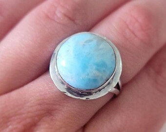 Sterling Silver Larimar Ring Genuine Dominican Blue Gemstone Size 11.5 Statement Jewelry