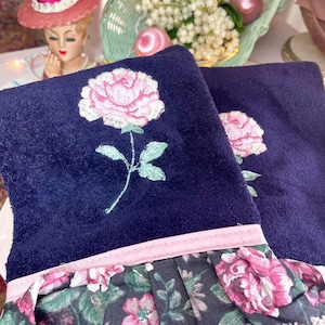 Vintage Bath Towels Navy Floral Pattern