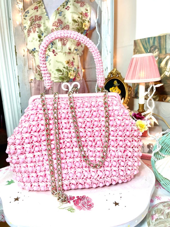 Vintage Pink Raffia Gorgeous Summer Beaded Purse - image 5