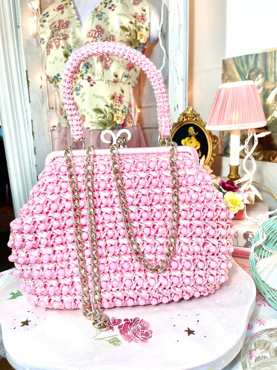 Vintage Pink Raffia Gorgeous Summer Beaded Purse - image 3