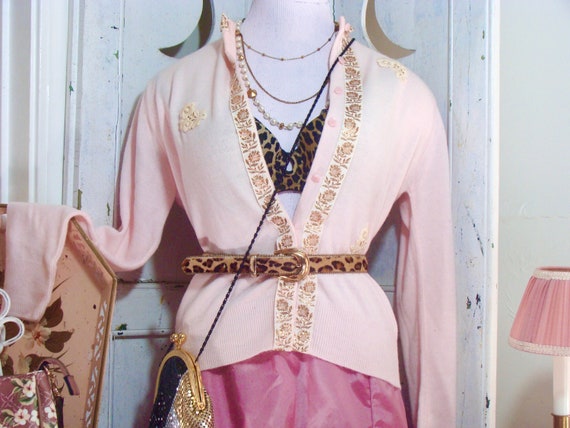 Vintage Pink Cardigan 1950s Hollywood Glam Pink P… - image 6