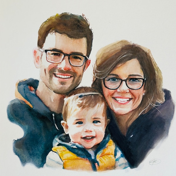 Handgemalt, Foto zu hochdetailliertem Aquarell. Familie, Haus, Person, Familie oder Hunde & Mehr! Perfektes personalisiertes Geschenk, kombinieren Fotos