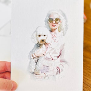 Photo to watercolor portrait. Dog,pet, woman. Hand-painted watercolor portrait.