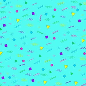 Puede incluir: Un patrón sin costuras con un fondo azul brillante y formas geométricas coloridas. Las formas incluyen cuadrados, triángulos y círculos en varios colores, incluyendo rosa, amarillo, verde y morado. El patrón también incluye líneas onduladas en azul, verde, morado y amarillo.