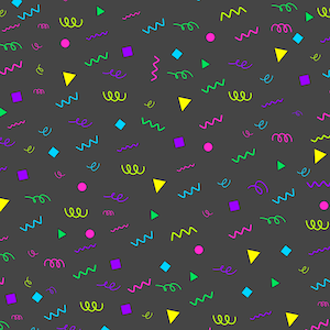 May include: A seamless pattern with a gray background and colorful geometric shapes. The shapes include squares, triangles, and wavy lines in shades of pink, blue, green, yellow, and purple.