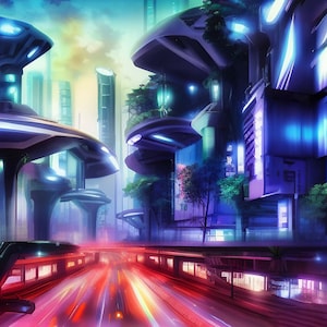 SciFi City Digital Download | SciFi World Cyberpunk Aesthetic | AI Generated City | Neon | AI Anime Wall Art | Printable WallArt