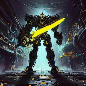 サイバーパンク メカ戦士 ネオンソード | AI 生成 SF アート |未来型ロボットのポスター |デジタルダウンロード |印刷可能な壁アート