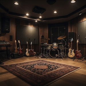 Puede incluir: Un estudio de grabación con una batería, varias guitarras eléctricas y amplificadores. La habitación tiene paneles de madera y paneles acústicos en las paredes. Hay una alfombra en el suelo.