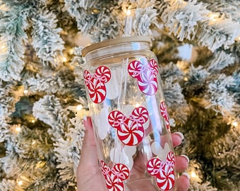 Minnie Mouse Peppermint Iced Coffee Glass Tumbler, Bamboo Lid