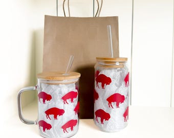 The Buffalo Bills Football Glass Cup or Mug with Bamboo Lid & Straw