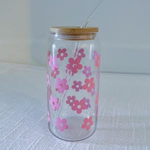 Floral Iced Coffee Glass Cup With Lid and Straw