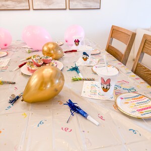 Puede incluir: Una mesa de fiesta con globos rosas y dorados, cupcakes y vasos y platos con personajes. La mesa est&aacute; cubierta con un mantel de pl&aacute;stico transparente con confeti colorido y la palabra "Happy".