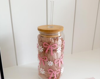 Coquette Mug With Lid and Straw: Pink Bows and  Flowers Glass Cup