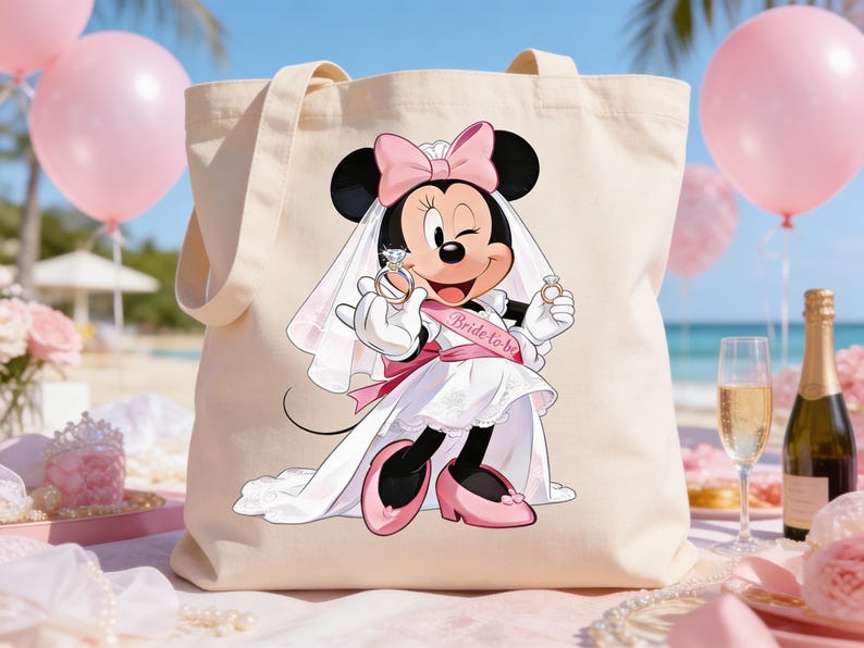 May include: Beige tote bag featuring a bride-themed Minnie Mouse graphic. Minnie Mouse is wearing a white wedding dress, veil, and pink bow. She is holding a ring in each hand. The sash reads "Bride-to-be". Pink balloons and flowers are in the background.