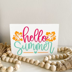 Panneau en bois Hello Summer : décor de plateau à plusieurs niveaux peint à la main