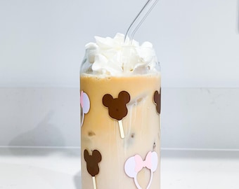 Disney Iced Coffee Glass Cup, Mickey Mouse and Minnie Ears, Includes Lid and Straw