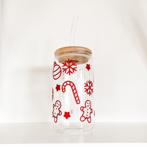 Christmas Glass Cup With Lid and Straw, Holiday Glass Cup, Gift for Christmas, Holiday Coffee Mug, Christmas Coffee Cup, Holiday Decor.