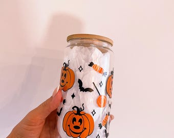Halloween Glass Cup With Lid and Straw, Fall Pumpkin, Iced Coffee Glass, Pumpkin, Bats, Candy, Halloween Coffee Cup, Halloween Tumbler.