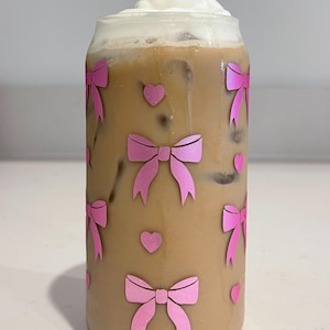 Pink Coquette Bows and Hearts Custom 20 oz Glass Cup with Bamboo Lid and Straw.