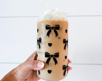 Black Bow Glass Can Cup: 20oz Iced Coffee Cup With Lid & Straw