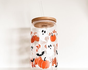 Halloween Ghost Bats and Pumpkins: 20 oz glass cup with lid and straw.