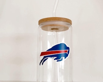 The Buffalo Bills Mafia: Glass Cup Mug Or Beer with Bamboo Lid and Straw.