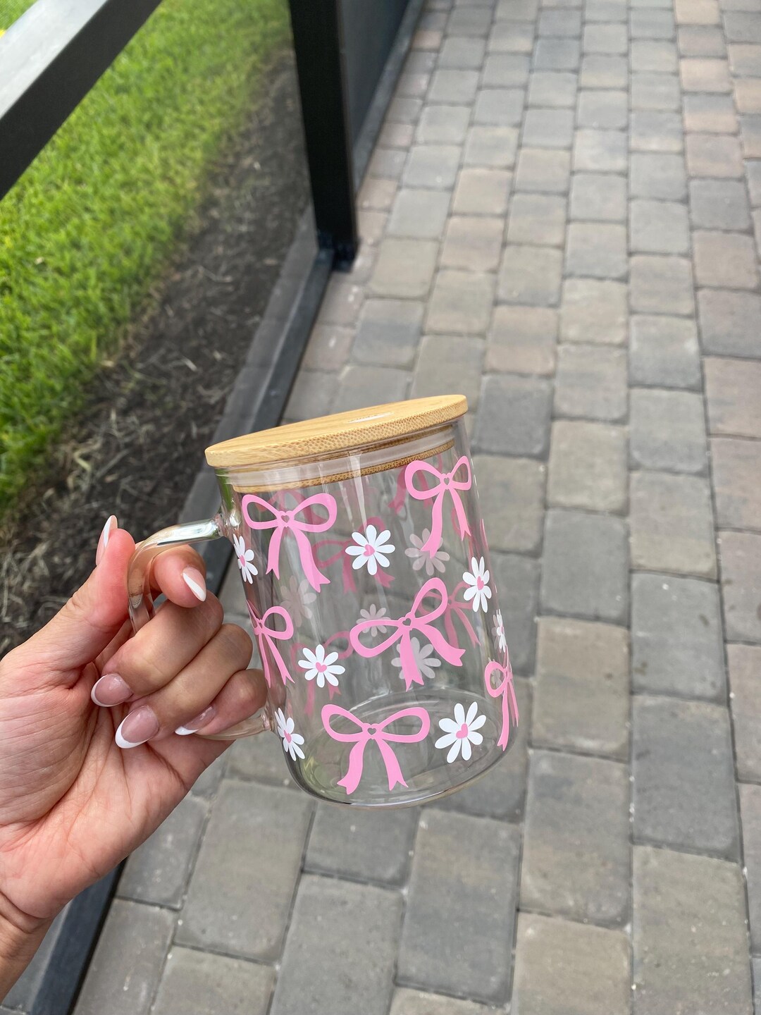 Coquette Mug With Lid and Straw: Pink Bows & Flowers Glass Cup - Etsy