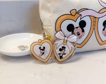 Mickey and Minnie Mouse Wedding Bag Charm Keychain: Glitter Heart Locket