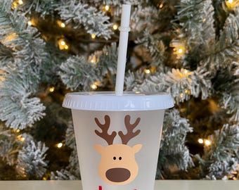 Vaso de plástico personalizado con forma de reno navideño para niños