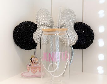 Disney Personalization Name Mickey Balloon Glass Cup: 20 oz with lid and straw.