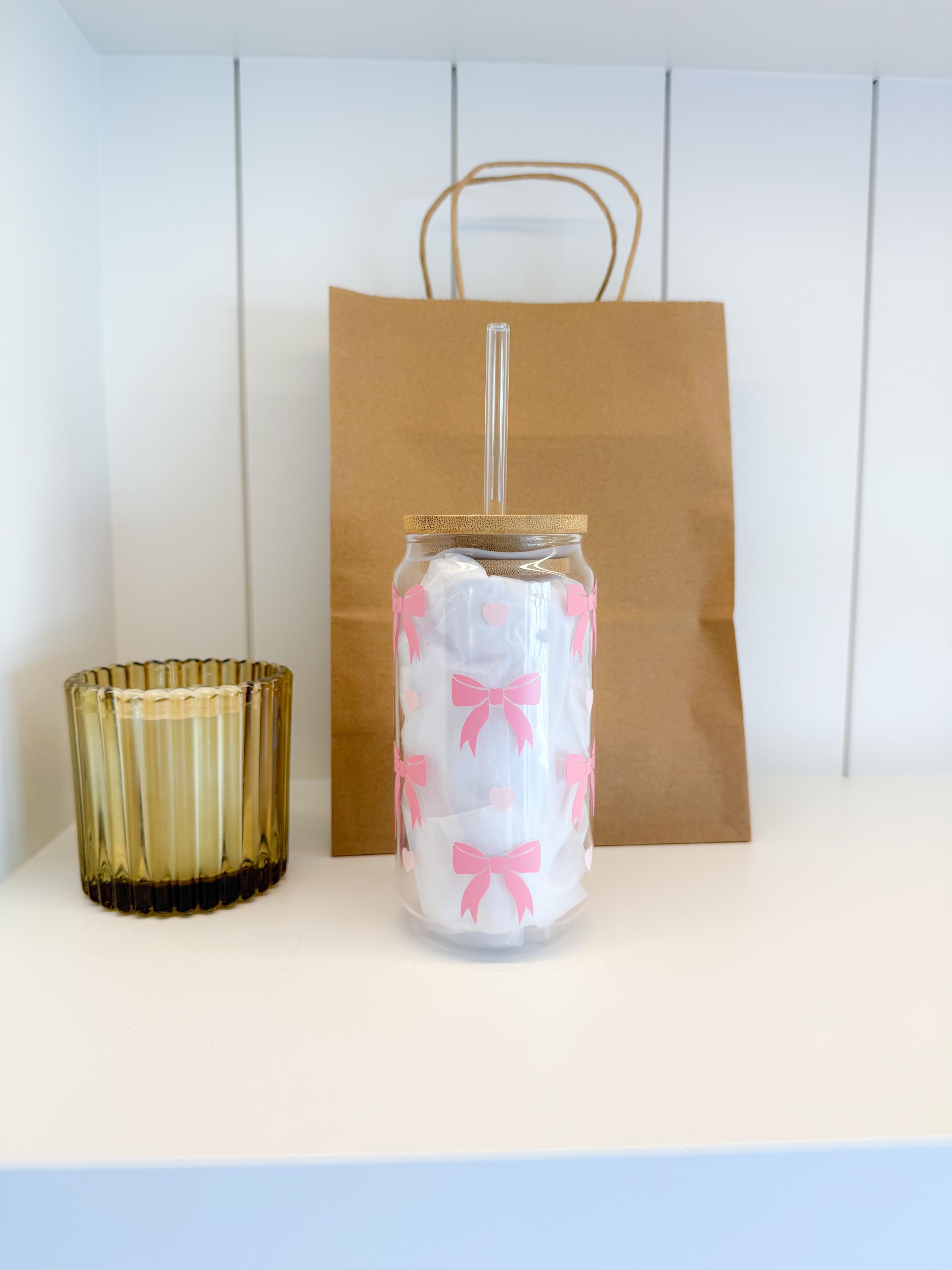 Pink Bow and Hearts Coquette Glass Cup: 20 Oz With Bamboo Lid & Straw ...