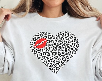 Leopard Print Heart Sweatshirt with Kiss Lips – Valentines Day Shirt