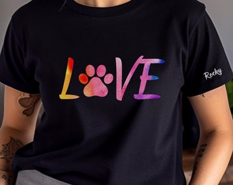 Puppy Love Animal Love T-Shirt Personalized Pet Name Sleeve Gift for Animal Lovers Cute Pet Paw Print Tee Customizable Animal Lover Shirt