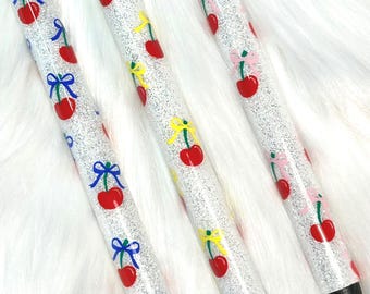 Cherry Lover InkJoy Gel Glitter Pen Handmade Gift Cherries with Dainty Bows For Friends Roommates Friendship Fruit Fanatics Summer Lover